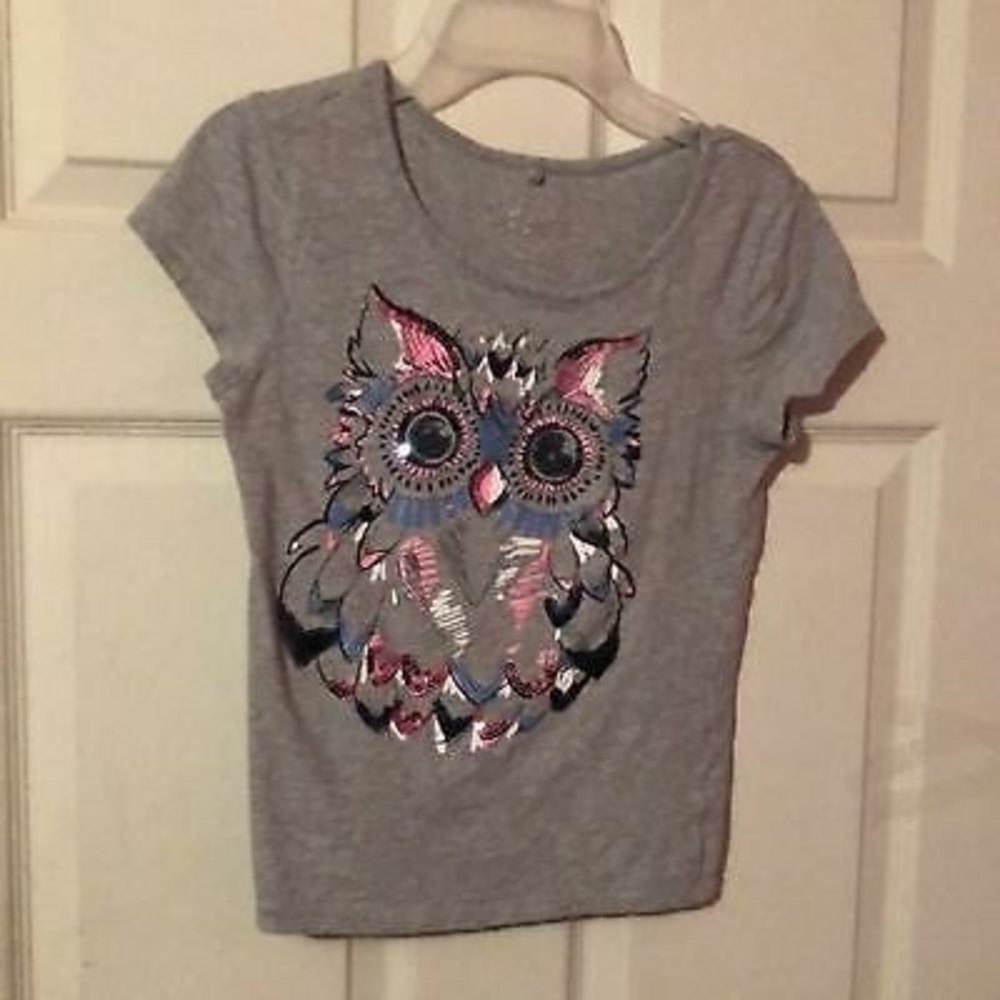 Justice Gray Glitter Sequin Owl T-Shirt Girls 12